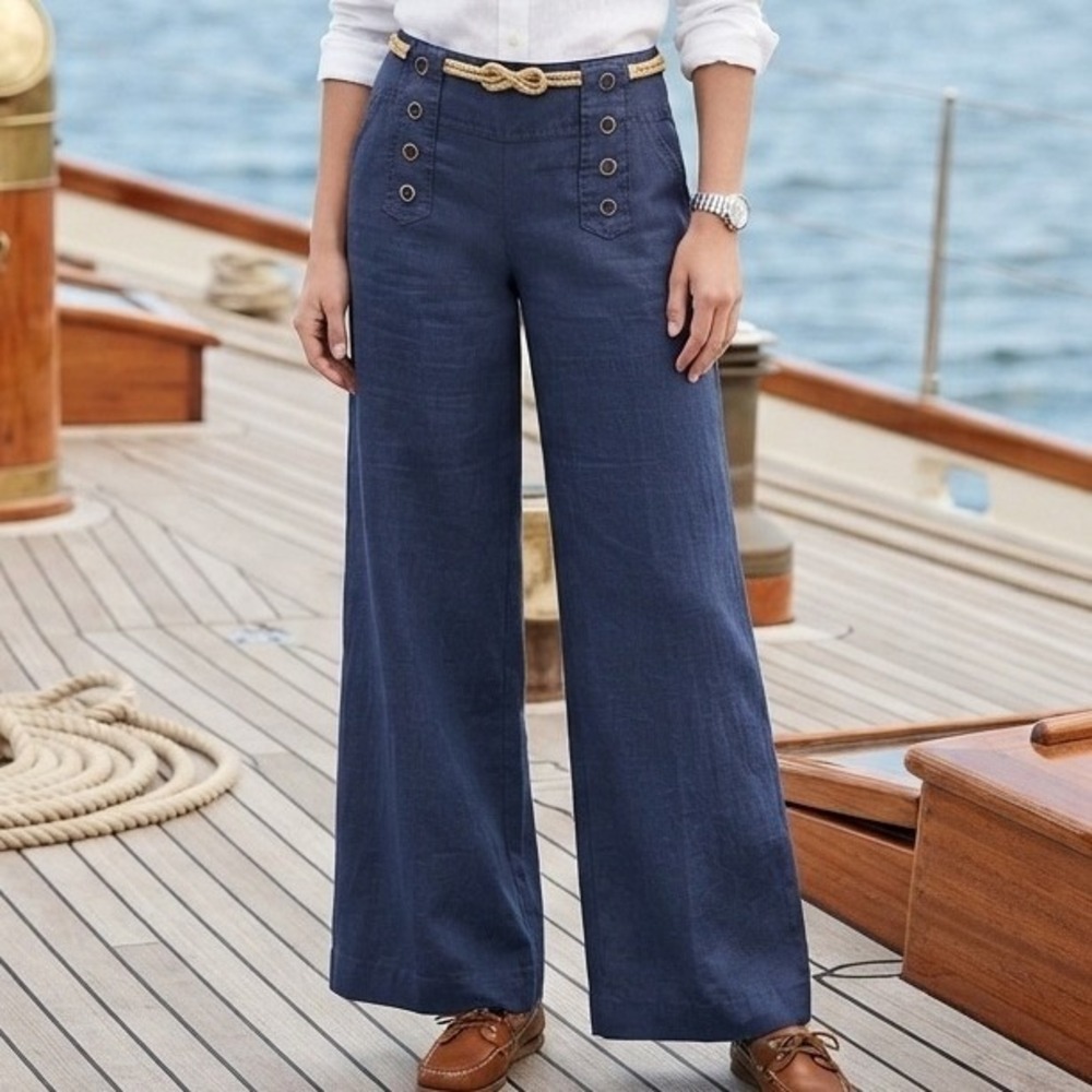 high rise wide leg Linen button front Sailor Pants 10 Navy Blue nautical coastal